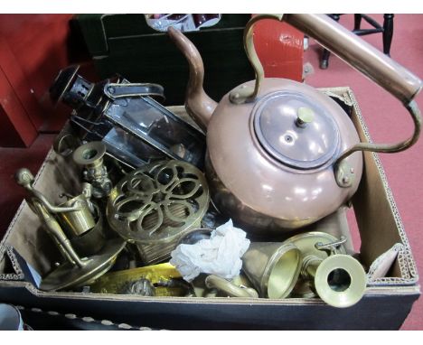 XIX Century Copper Kettle, brass trivet, pair of brass candlesticks with the Lincoln Imp, XIX Century candle lantern:- One Bo