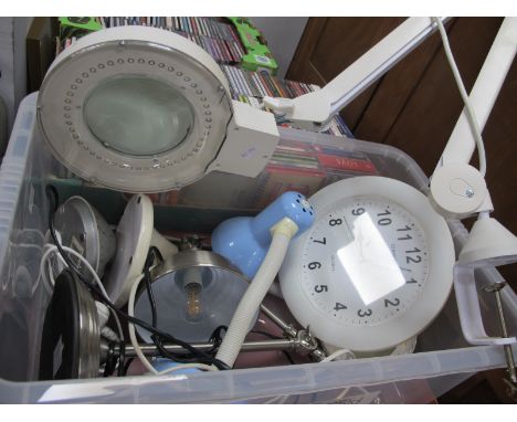 A Quantity of Desk Lights, inspection light, wall clock.