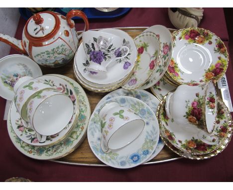 Royal Albert Old Country Roses Cup, saucers, Royal Worcester Roanoke saucers, Wedgwood Hathaway Rose, Clementine, Wedgwood Wi