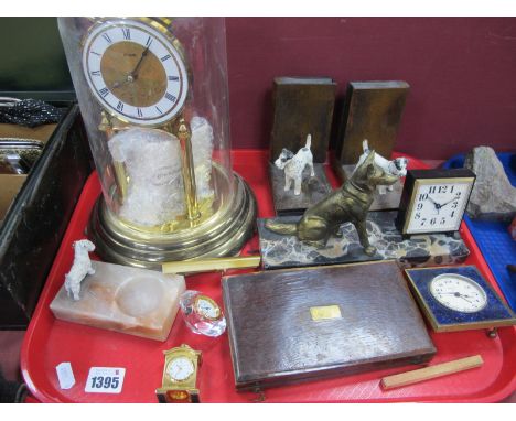 A Geometry Set, Kundo clock under plastic dome, Terrier book ends and ashtray, etc:- One Tray. 