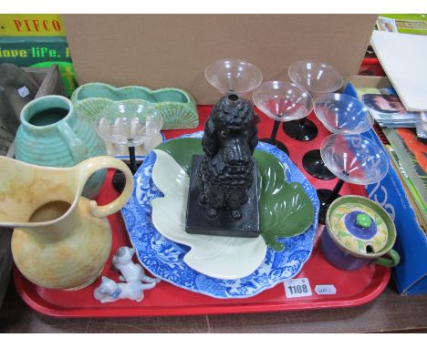 1920's Shorter &amp; Son Posy Holder, 1950's jug vase, Copeland Spode blue and white plate, Carlton Ware leaf pattern dish.