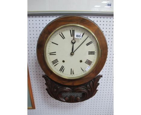 An Early XX Century Drop Bottom Wall Clock, in a stained mahogany carved case, with eight-day movement, the white enamel dial