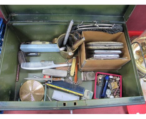 Travelling Clock, cigarette cases,pens amber cheroot holder, etc, in tin.