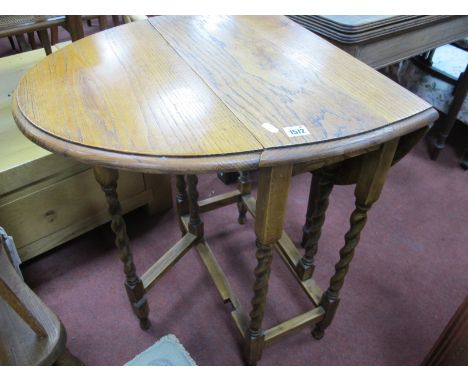 1920's Small Light Oak Drop Leaf Table, on barley twist legs, 59.5cm wide.