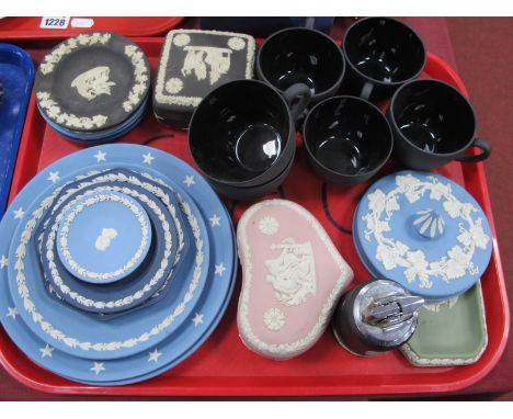 Wedgwood Jasper Ware Pottery, in varying colours, six cups with glazed interiors.