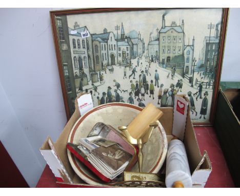 Early XX Century Postcards, earthenware pancheon, rolling pin, brass trivet:- One Box, Lowry print.