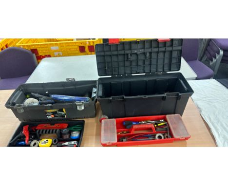 Selection of assorted tools in plastic tool boxes 