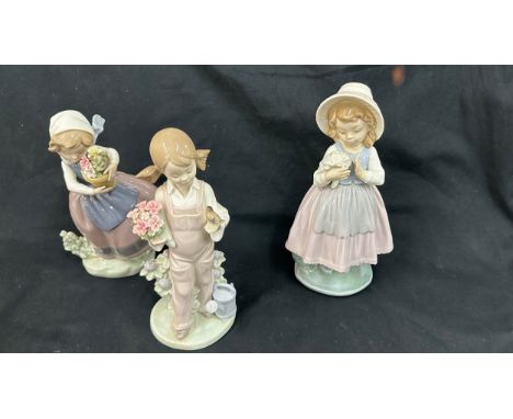 Selection of 2 Lladro girl figures and 1 Nao figure includes Spring flowers etc 