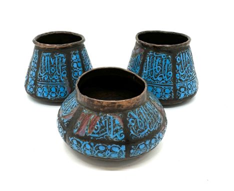 3 Copper and enamel Islamic Qajar Persian pots, all over calligraphy 