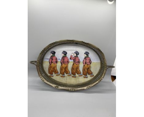 Oritental hand painted porcelain silver plated tray, missing leg 