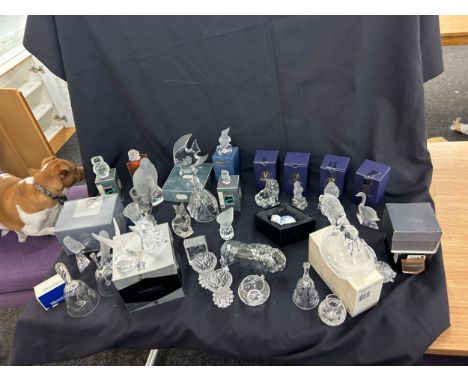 Selection of boxed named glassware ornaments to include G  Durand glass fish, Tutbury and Goebel pieces etc 