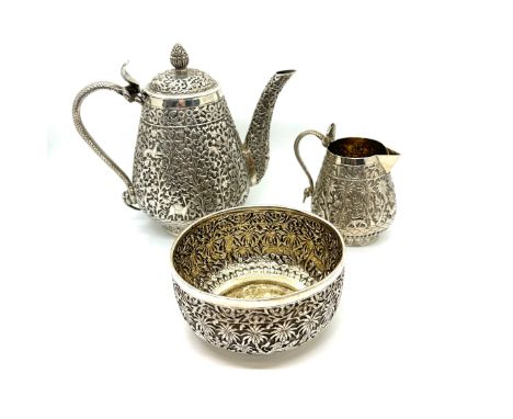 Antique unmarked Indian silver tea set, approximate weight 460g 