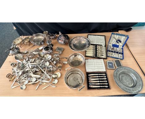 Box of antique and vintage silver plate to include cased set of silver handled knives etc 