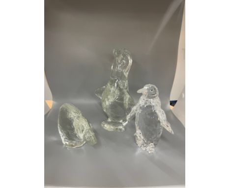 Large vintage glass penguin figure with a swedish glass paper weight 