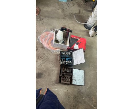 Selection of tools to include snap on bleeder and two hydrolic flaring kits and four rolls of pipe 