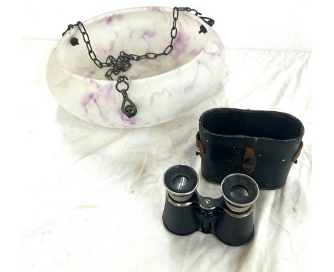 Vintage glass light shade and a set of binoculars 