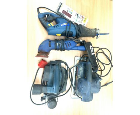 Selection of power tools to include power reciprocating saw, sander, Bosch planer, all in working order 