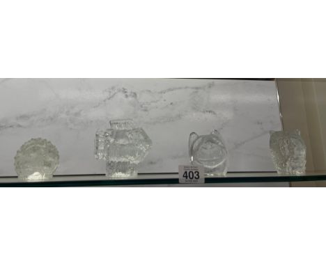 4 Vintage glass paper weight includes Fish, signed dog head, hedgehog and an owl, swedish glass 