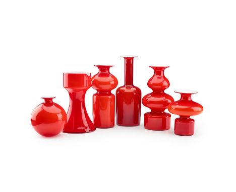 Per Lütken (Danish 1916-1998) for Holmegaard Glassworks Five 'Carnaby'  Vases and Pitcher, designed red glass, two with paper