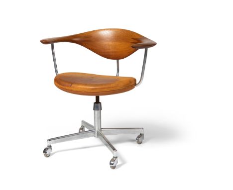 Hans Wegner (Danish 1914-2007) Swivel Chair model JH502, leather, teak and steel(74.5cm high, 73.5cm wide (29.3in high, 29in 