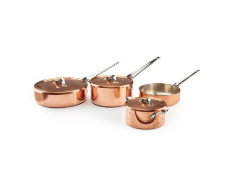 Henning Koppel (Danish 1918-1981) for Georg Jensen Three 'Taverna' Saucepans and Casserole, copper and steel, each stamped 'G