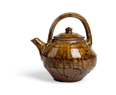 Hamada Shoji (Japanese 1894-1978) Teapot stoneware, ash glaze with poured nuka glaze, together with a signed wooden box(23cm 