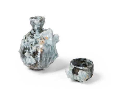 § Akiko Hirai (Japanese 1970-) Sake Bottle and Cup painted artist's marks, grogged stoneware with rugged porcelain deposit(sa