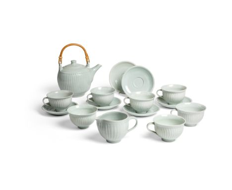 § David Leach O.B.E. (British 1911-2005) Tea Set impressed artist's seal, porcelain, celadon glaze and fluted decoration, com