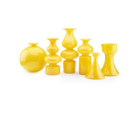 Per Lütken (Danish 1916-1998) for Holmegaard Glassworks Five 'Carnaby'  Vases and Pitcher, designed yellow glass, one with pa