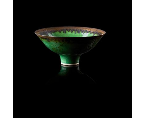 § Dame Lucie Rie D.B.E. (British 1902-1995) Footed bowl, circa 1980 impressed artist's seal, jade green glaze, with dripped m