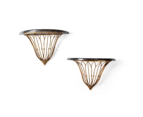 René Prou (French 1887-1947) Pair of Console Tables gilt iron with mottled black marble tops(Base: 43cm high (17in high); Mar