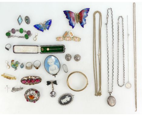 Collection of many silver, enamel and other metal antique & vintage pieces of jewellery & object d'art from Victorian onwards