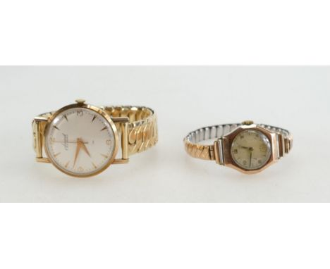 Gents 9ct vintage Accurist wristwatch with 9ct back & front excalibur expandable bracelet and ladies 9ct wristwatch with plat