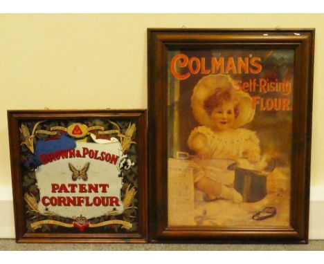 Vintage framed paper advertising poster featuring Colmans Flour together with Brown and Polson Cornflour Advertising Mirror d