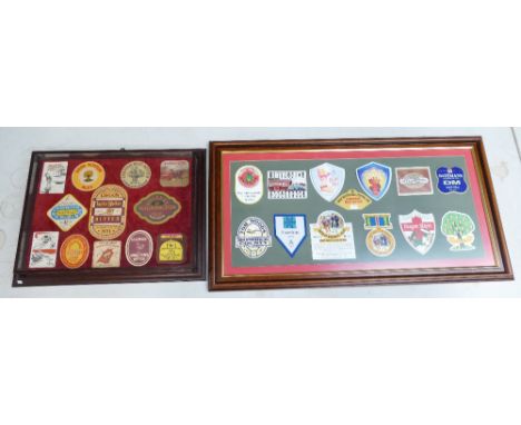 Large framed collection of collectable beer mats and similar cased item, size of the largest 94cm x 51cm (2) 