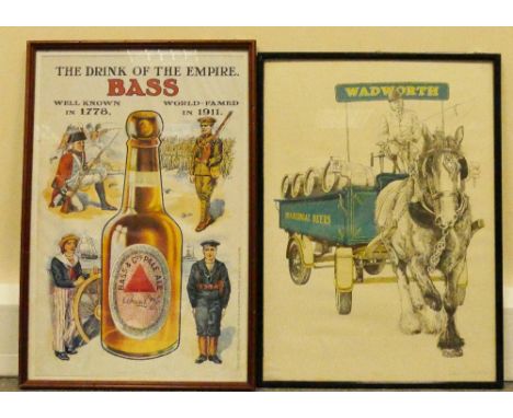 Vintage framed paper advertising posters featuring Bass The Drink of the Empire and Wadworth Traditional Beers height of larg