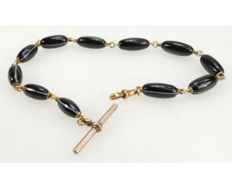 Gentleman's 9ct fob chain set with 11 black & blue agate stones, length 31cm