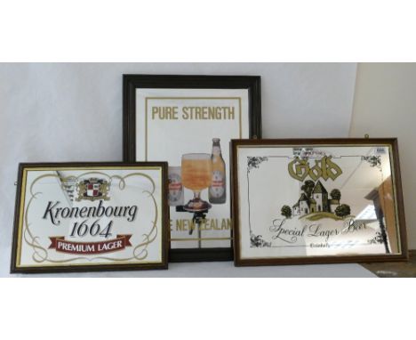 Vintage Kronenbourg, Gold and Steinlager Pure Strength New Zealand framed advertising mirrors featuring dimensions of largest