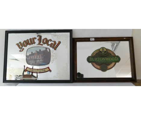 Vintage framed advertising mirrors featuring BurtonWood Beers, Victoria Fun Pub and framed paper Holts advertisng poster (3) 