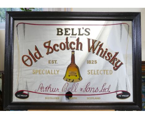 Vintage framed advertising mirror featuring Bells Old Scotch Whisky dimensions 66 x 92cm
