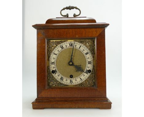 Eight day Westminster Chime oak cased mantle clock. 