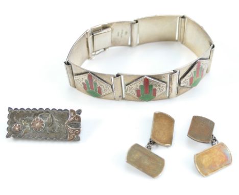 Unusual silver & enamel Art Deco sterling silver bracelet, together with a Victorian silver & gold brooch & silver on gold cu