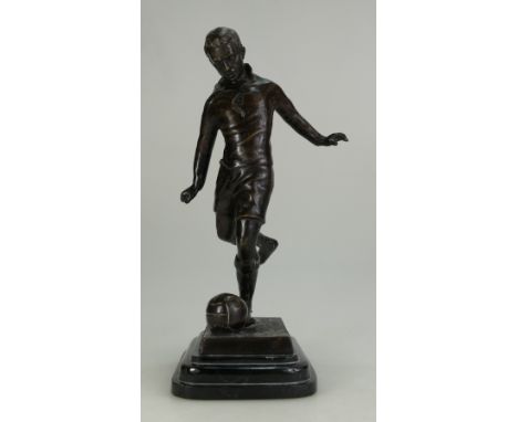 Bronze figure of footballer Stanley Matthews about to kick a ball on marble plinth, signed H Willmore, height 25cm