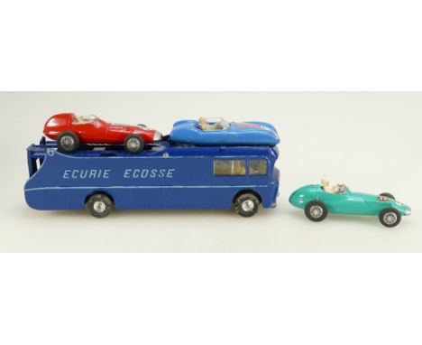 Corgi boxed Major Gift Set No 16 Ecurie Ecosse Car Transporter and three racing cars.  Paintwork (E) outer box (F-G) with two