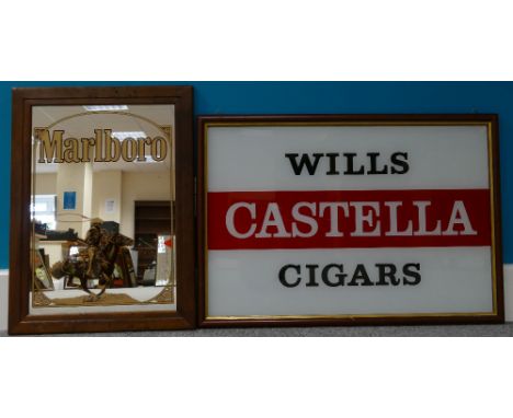 Vintage Marlboro Cigarette and Wills Castella Cigars (painted glass) framed advertising mirrors featuring dimensions of large