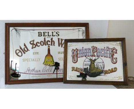Vintage Union Pacific and Bells old scotch whisky framed advertising mirrors featuring dimensions of largest 88cm x 63cm
