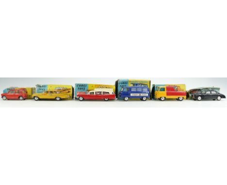 Group of 6 Corgi models. 225 Austin Seven (G) box (F), 209 Riley Pathfinder Police Car (G) box (P), 465 Commer Pick up Truck 