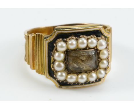 Victorian yellow metal, pearl & enamel mourning ring dated 1813, damaged- tested as higher carat 4.5g