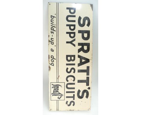 1930's enamel advertising sign "Sprats Puppy Biscuits build up a dog" with dog logo, 76 x 31cm