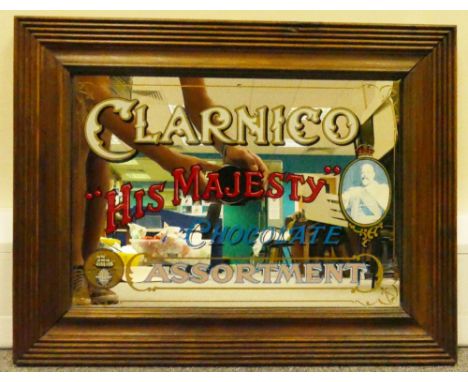 Vintage framed advertising mirror featuring Clarnico 'His Majesty Chocolate Assortment' dimensions 55 x 43cm